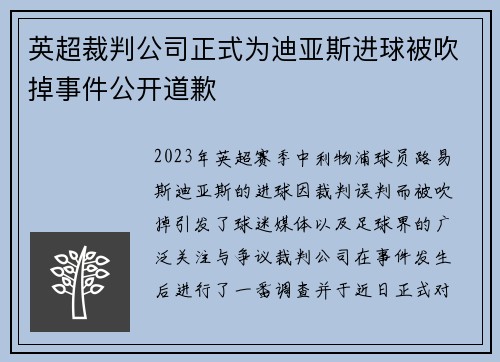 英超裁判公司正式为迪亚斯进球被吹掉事件公开道歉