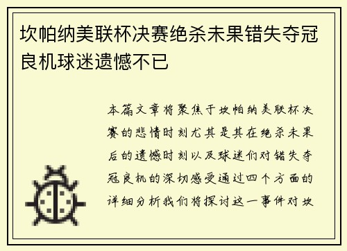 坎帕纳美联杯决赛绝杀未果错失夺冠良机球迷遗憾不已